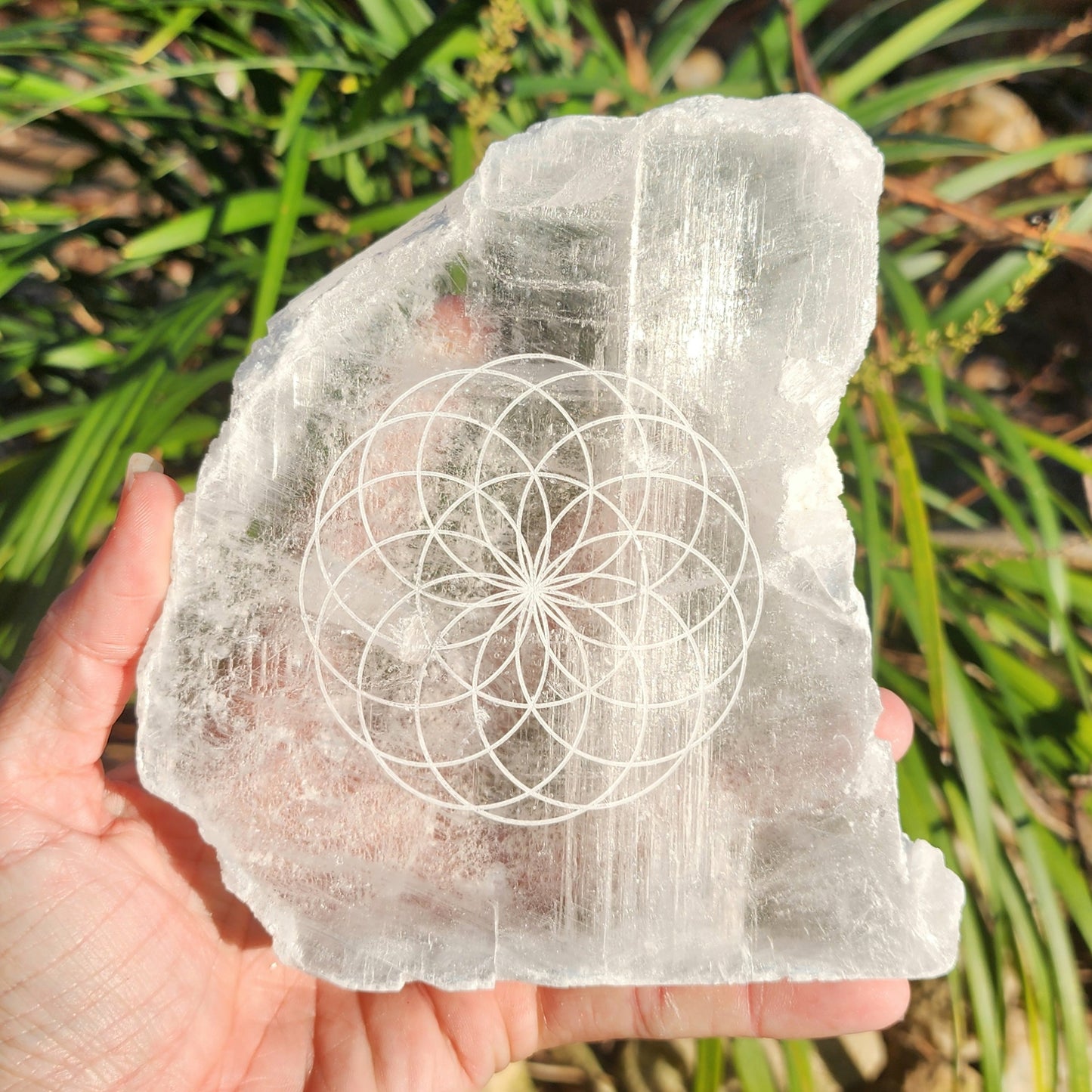 True Selenite Self Standing Slab w/ Geometric Pattern