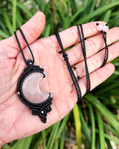 Rose Quartz Moon Macrame Necklace