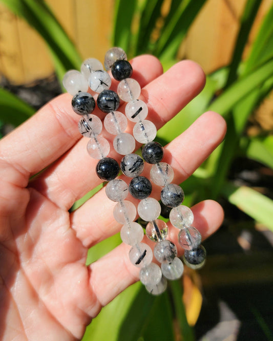 Black Tourmaline in Quartz Stretchy Bracelet aka Tourmalinated Quartz