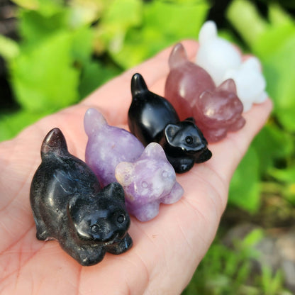 Kitty Carving (Garnet in Arfvedsonite, Lepidolite, Obsidian, Strawberry Quartz, White Jade)