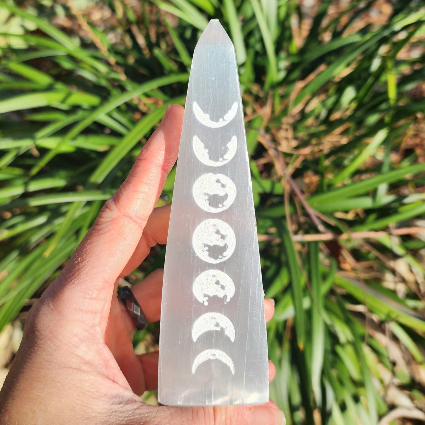 Satin Spar Selenite Moon Phase Obelisk