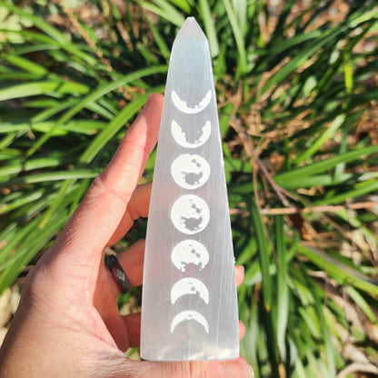 Satin Spar Selenite Moon Phase Obelisk