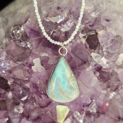 Larimar Pendant on Rainbow Moonstone 2mm beaded necklace.