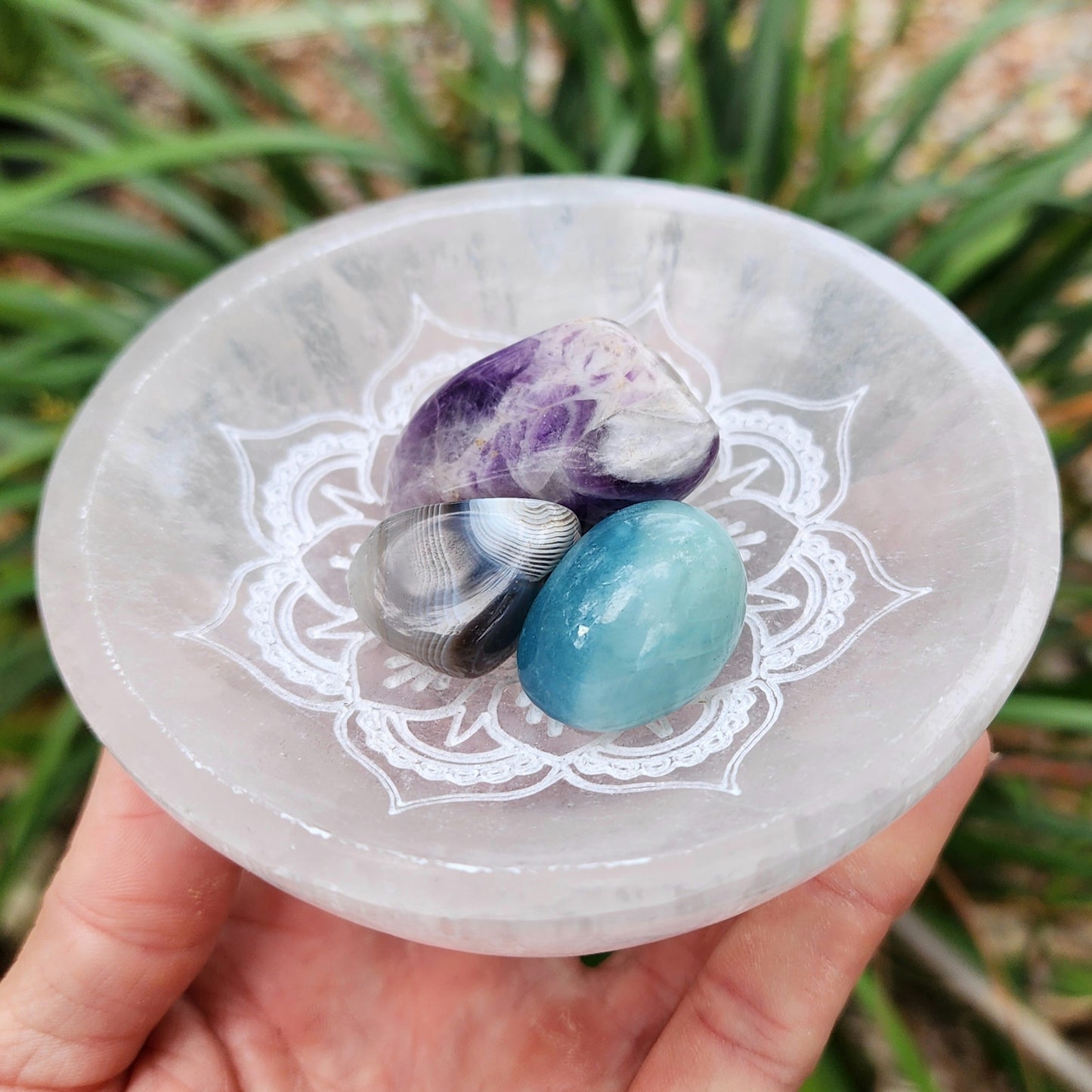 Satin Spar Selenite Lotus Mandala Bowl