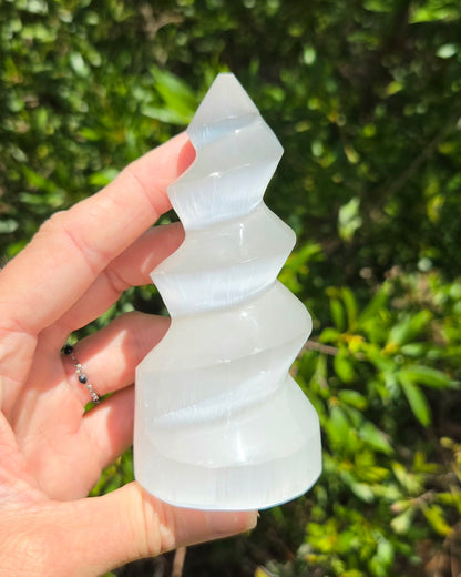 Satin Spar Selenite Spiral Tower