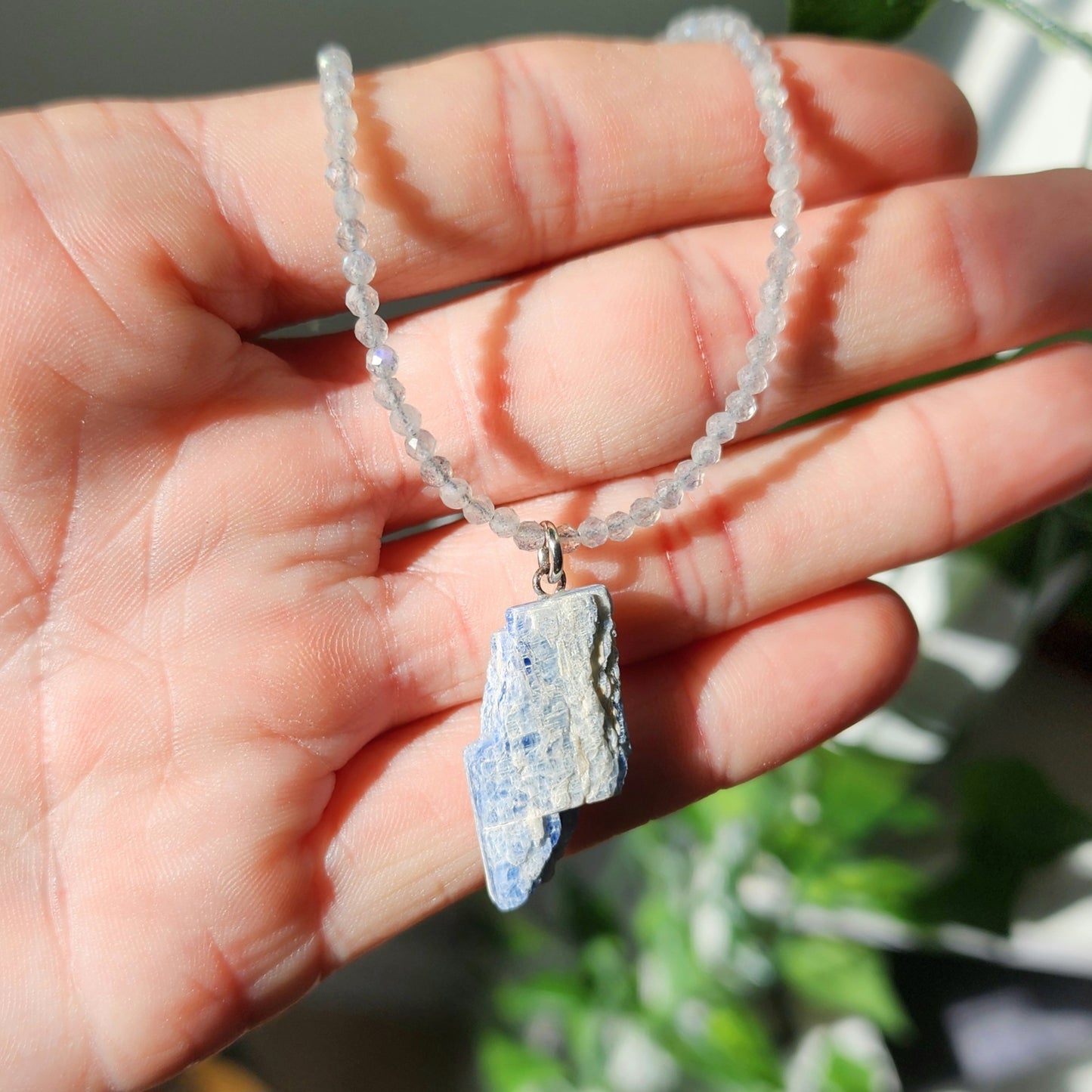 Blue Kyanite Pendant on Labradorite 2mm beaded necklace