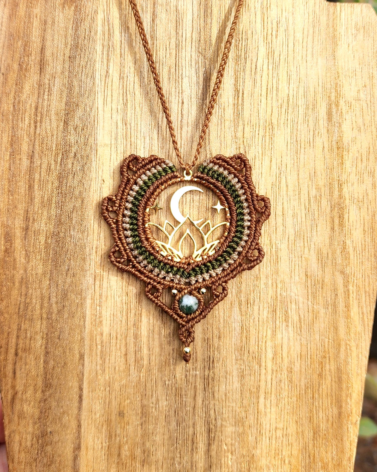 Moss Agate Moon & Lotus Macrame Necklace