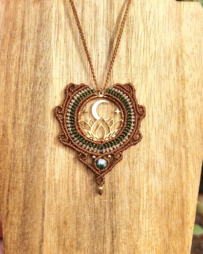 Moss Agate Moon & Lotus Macrame Necklace