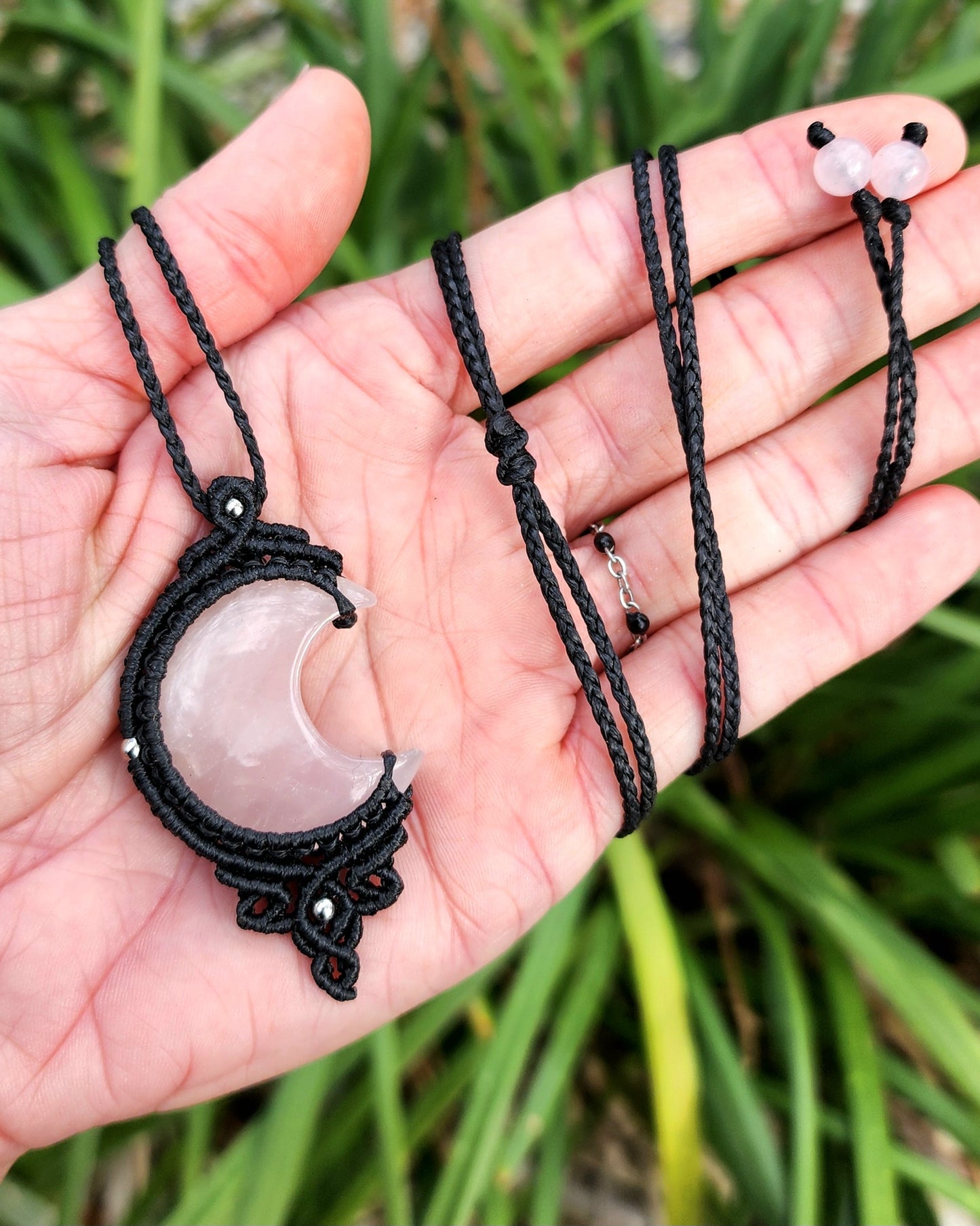 Rose Quartz Moon Macrame Necklace
