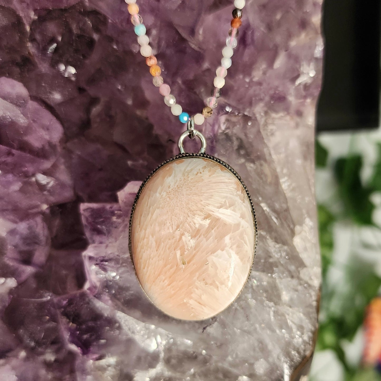 Pink Scolecite Pendant on Mixed Gemstone 2mm beaded necklace