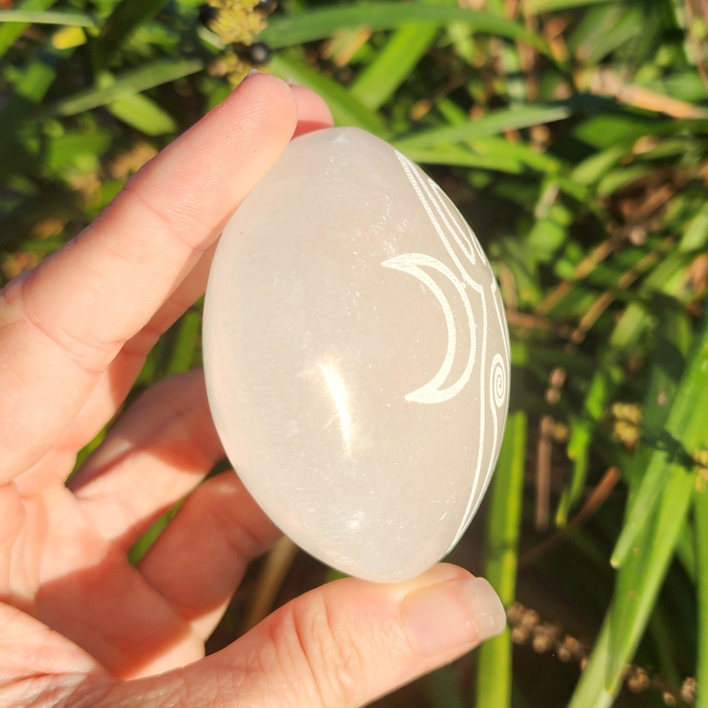 Triple Moon Goddess Satin Spar Selenite Jumbo Palm Stone