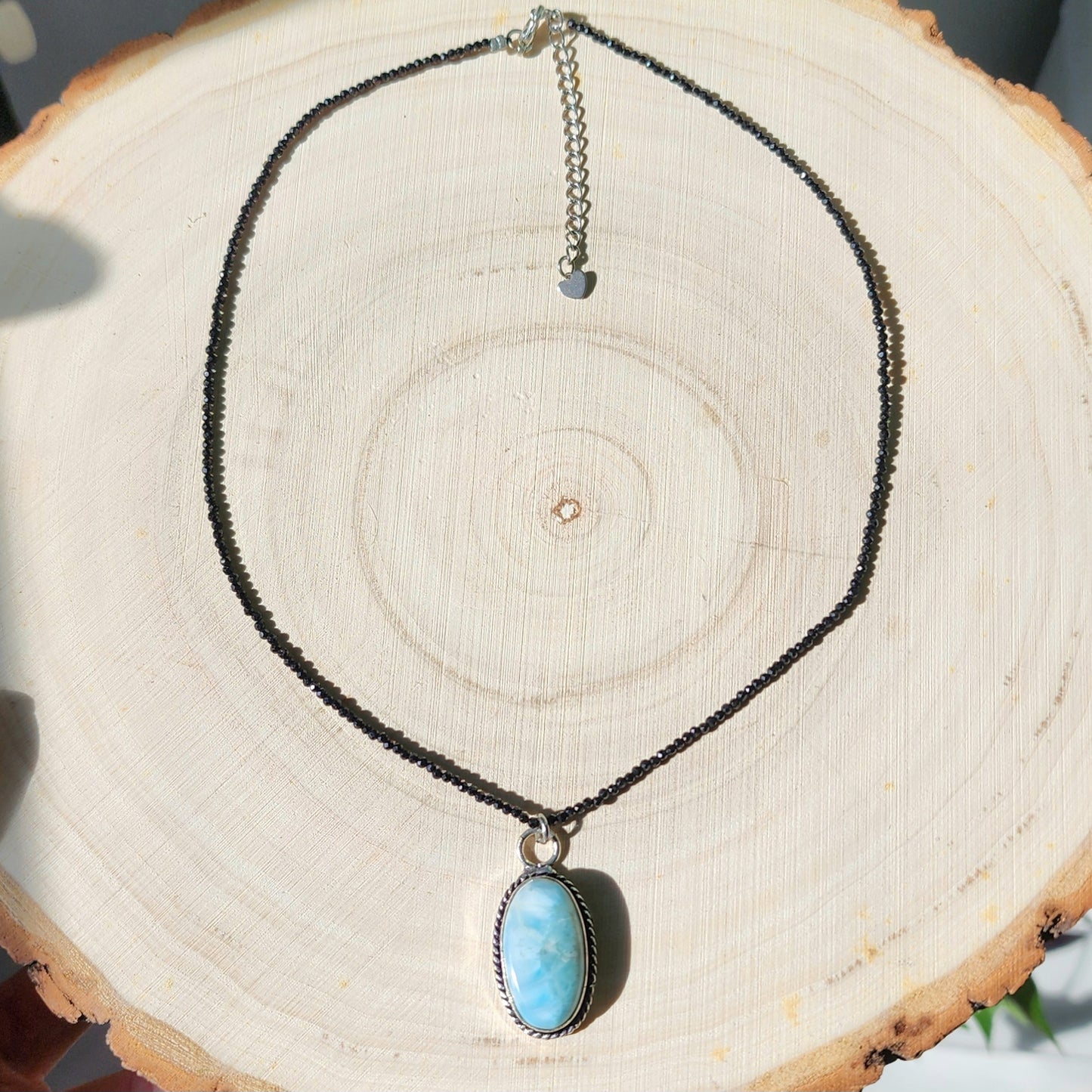 Larimar Pendant on Black Tourmaline 2mm beaded necklace