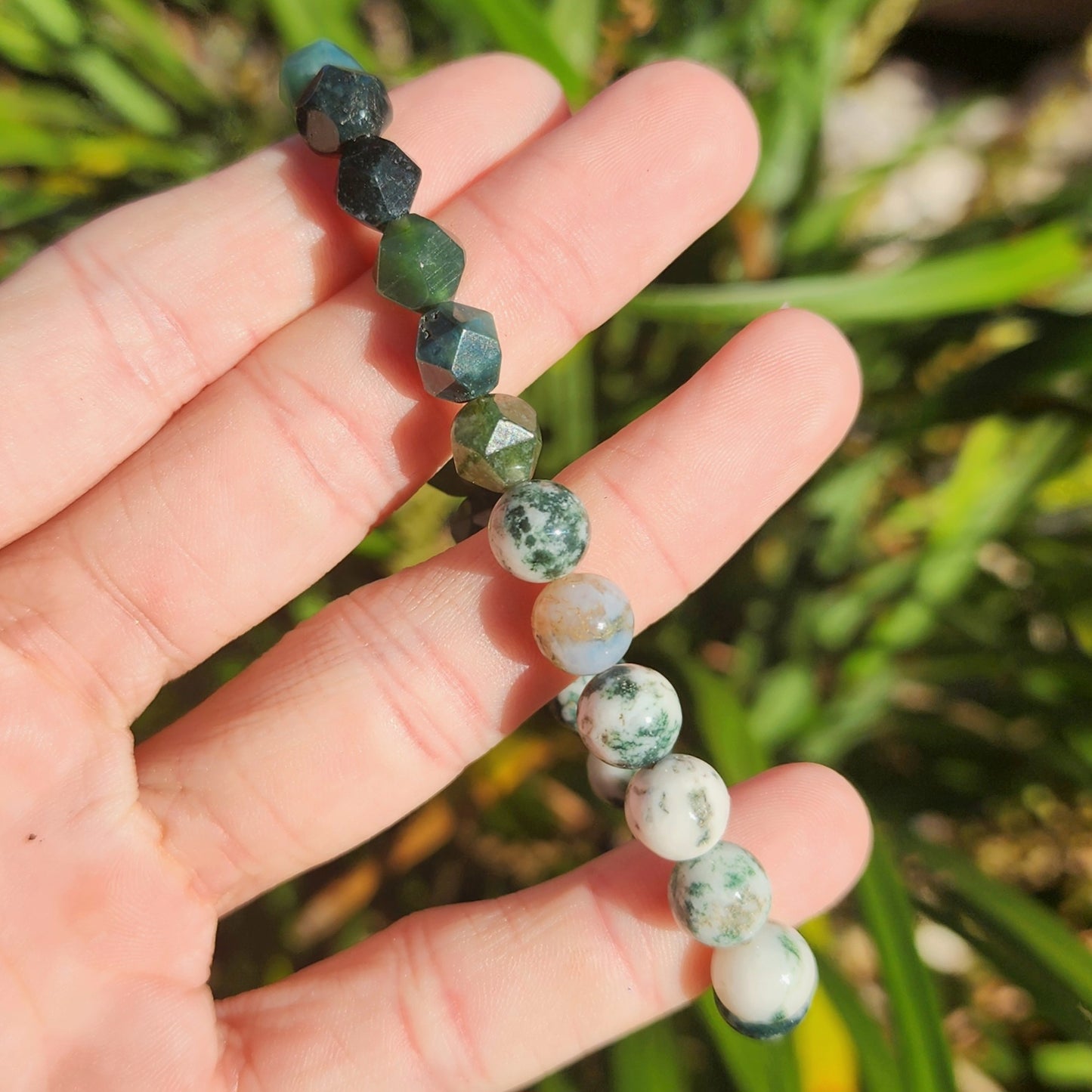 Tree Agate & Faceted Moss Agate Stretchy Bracelet