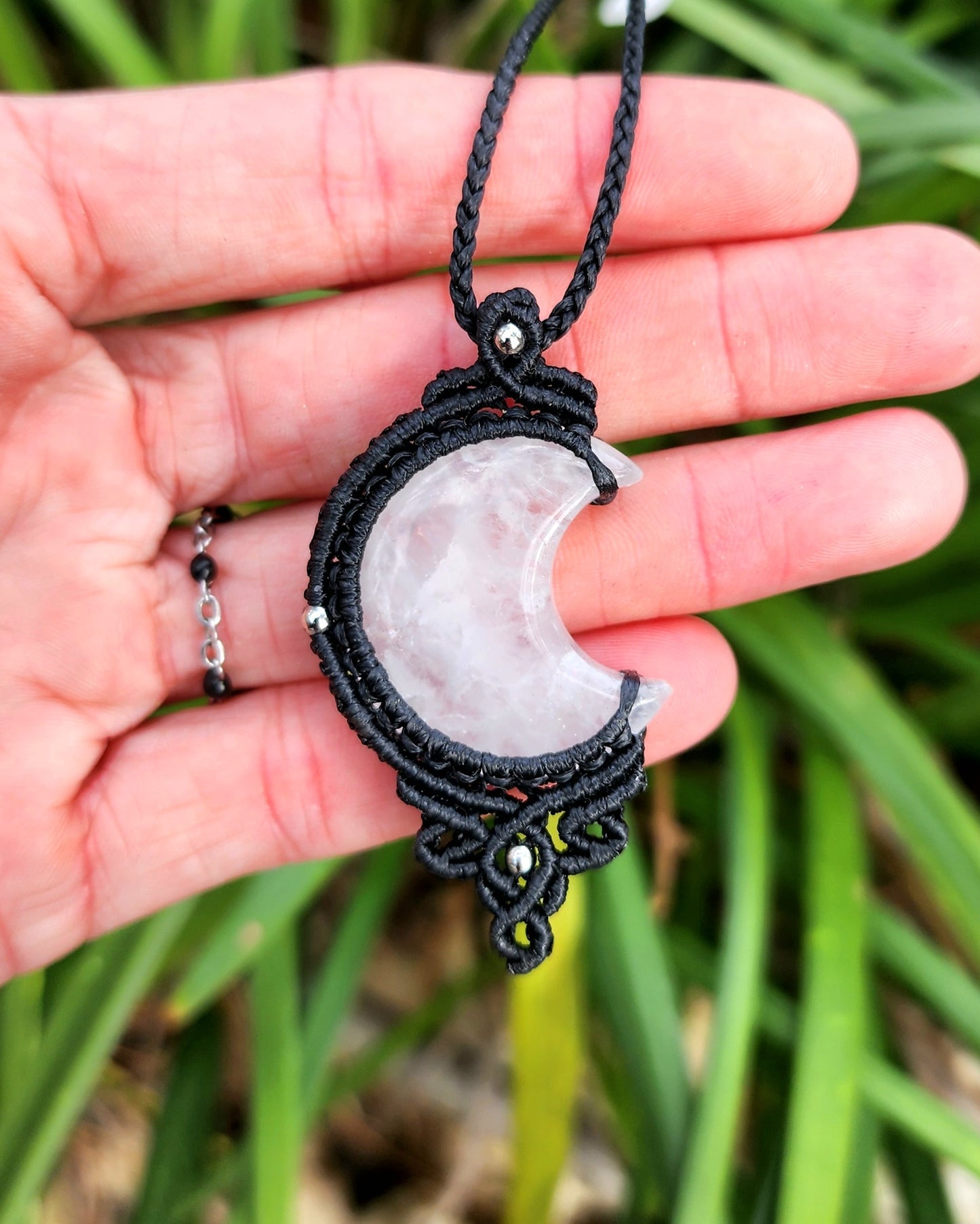 Clear Quartz Moon Macrame Necklace