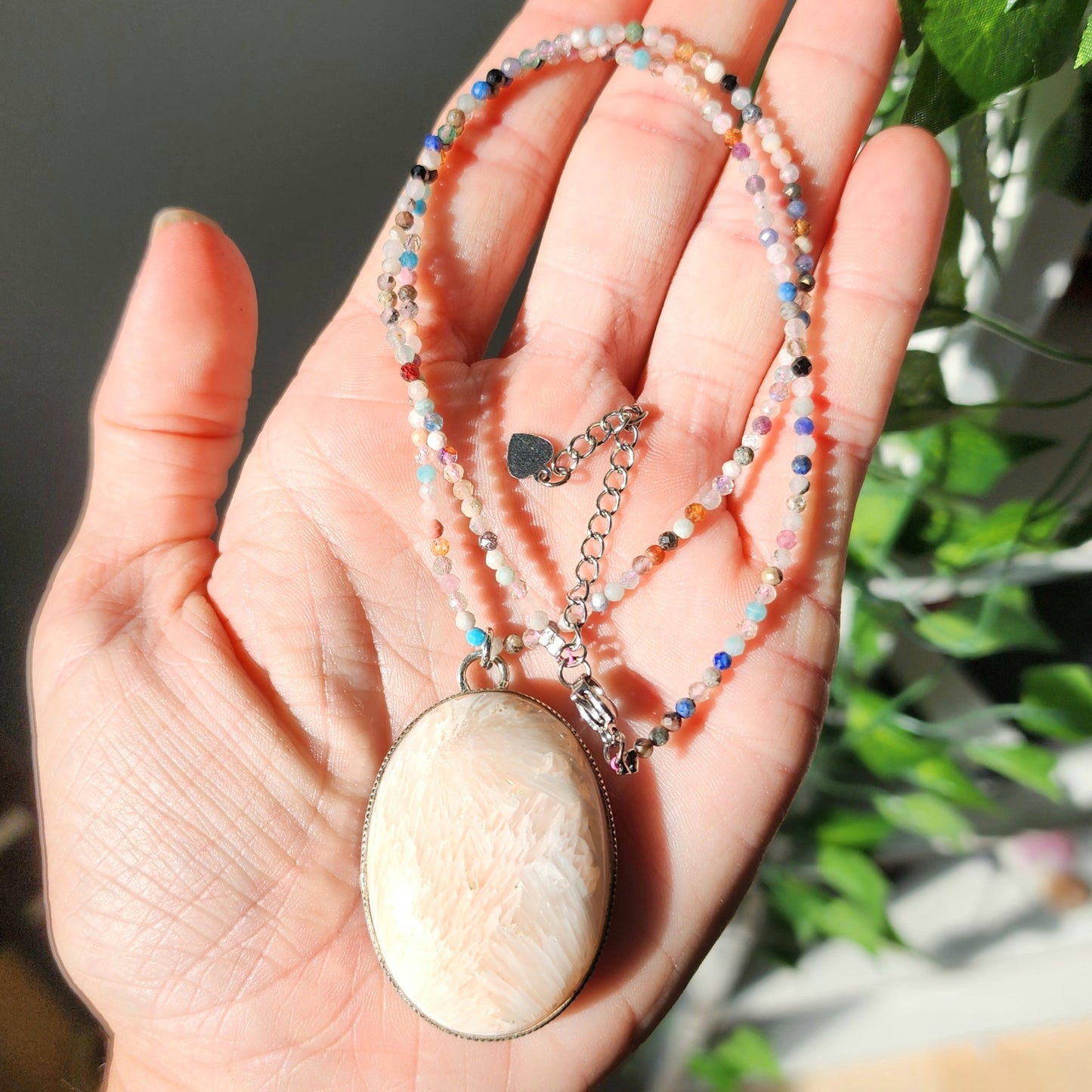 Pink Scolecite Pendant on Mixed Gemstone 2mm beaded necklace