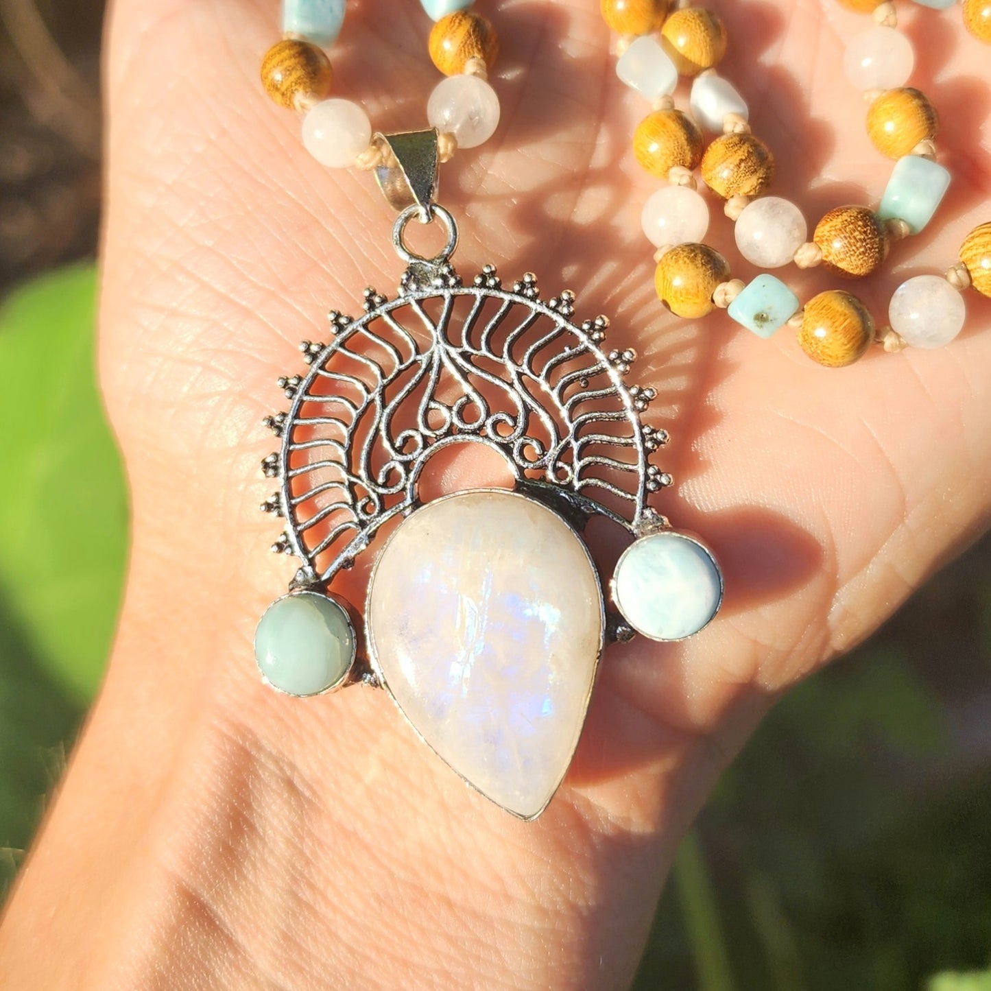 Rainbow Moonstone & Larimar Mala Necklace