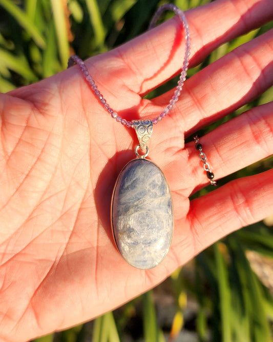 Blue Kyanite Pendant on Amethyst 2mm Beaded Necklace