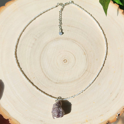 Gemmy Lepidolite Pendant on Rainbow Moonstone 2mm beaded necklace