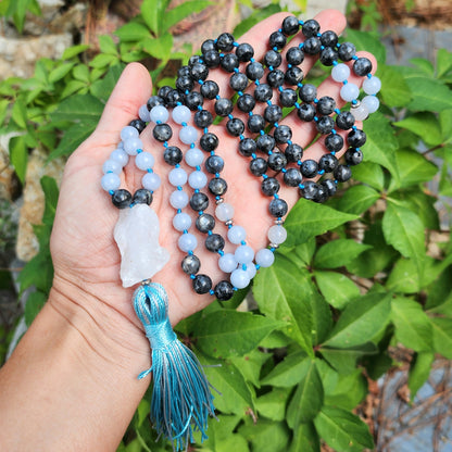 Aquamarine & Larvikite Mala Necklace