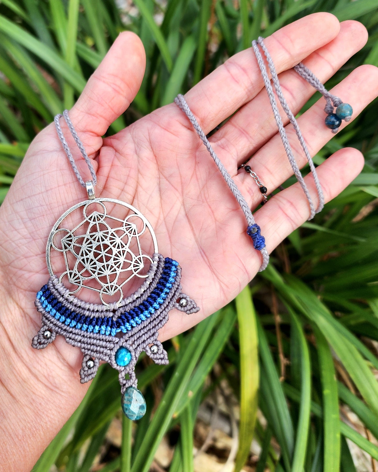 Blue Apatite Metatron's Cube Macrame Necklace