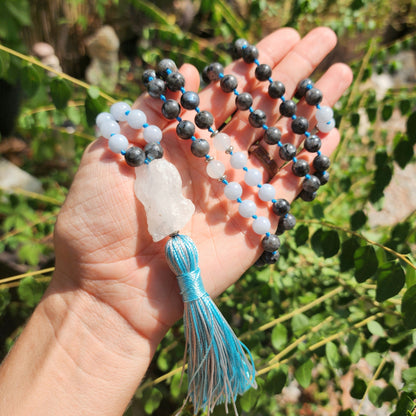 Aquamarine & Larvikite Mala Necklace