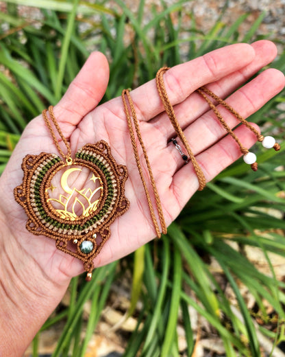 Moss Agate Moon & Lotus Macrame Necklace