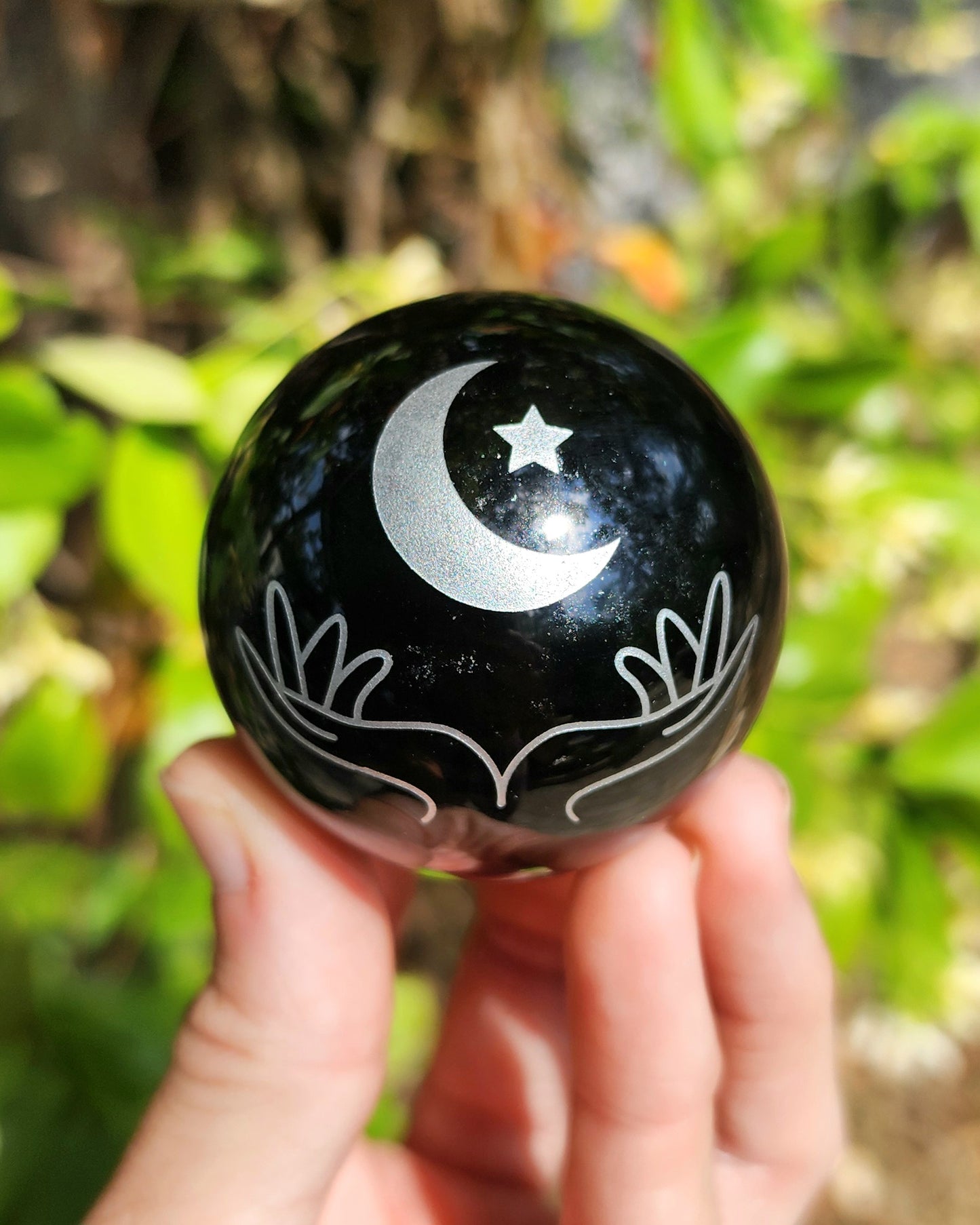 Black Obsidian Sphere with Decorative Etching