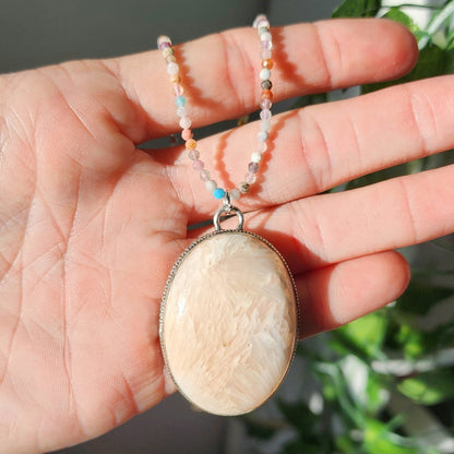 Pink Scolecite Pendant on Mixed Gemstone 2mm beaded necklace