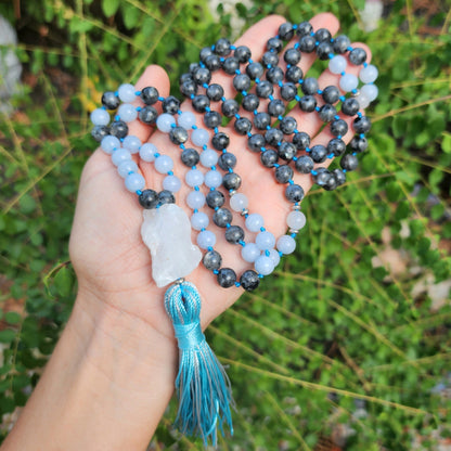 Aquamarine & Larvikite Mala Necklace