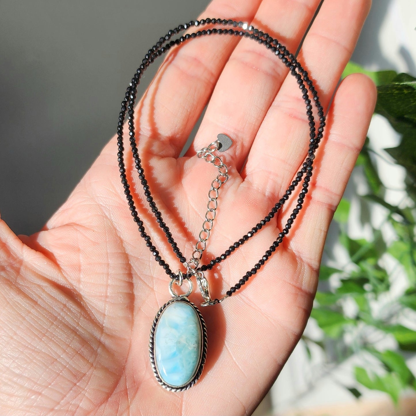 Larimar Pendant on Black Tourmaline 2mm beaded necklace