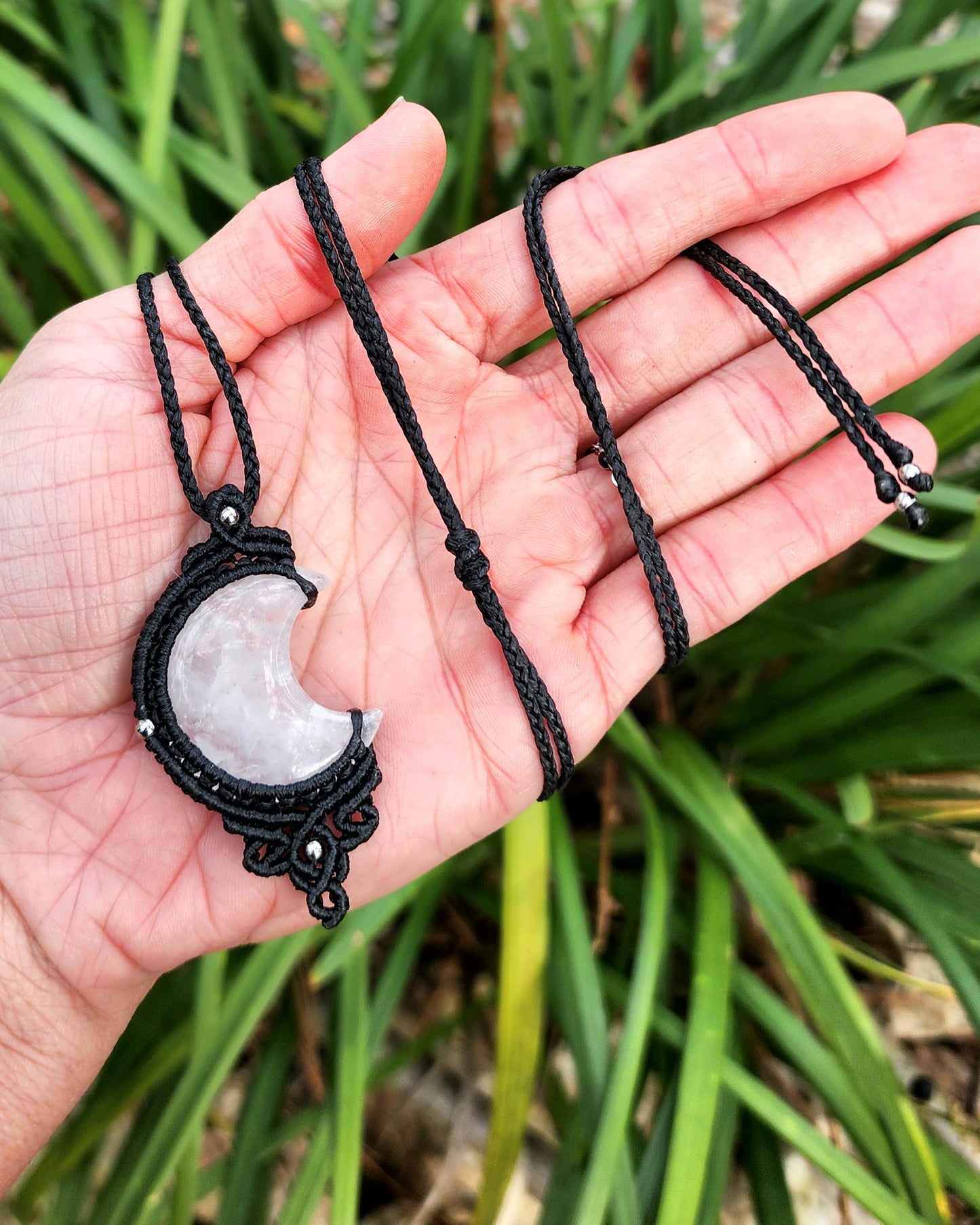 Clear Quartz Moon Macrame Necklace