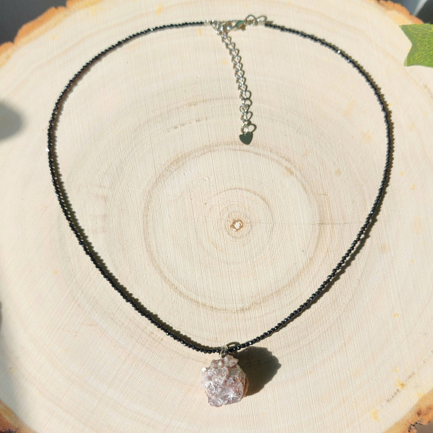 Gemmy Lepidolite Pendant on Black Tourmaline 2mm beaded necklace