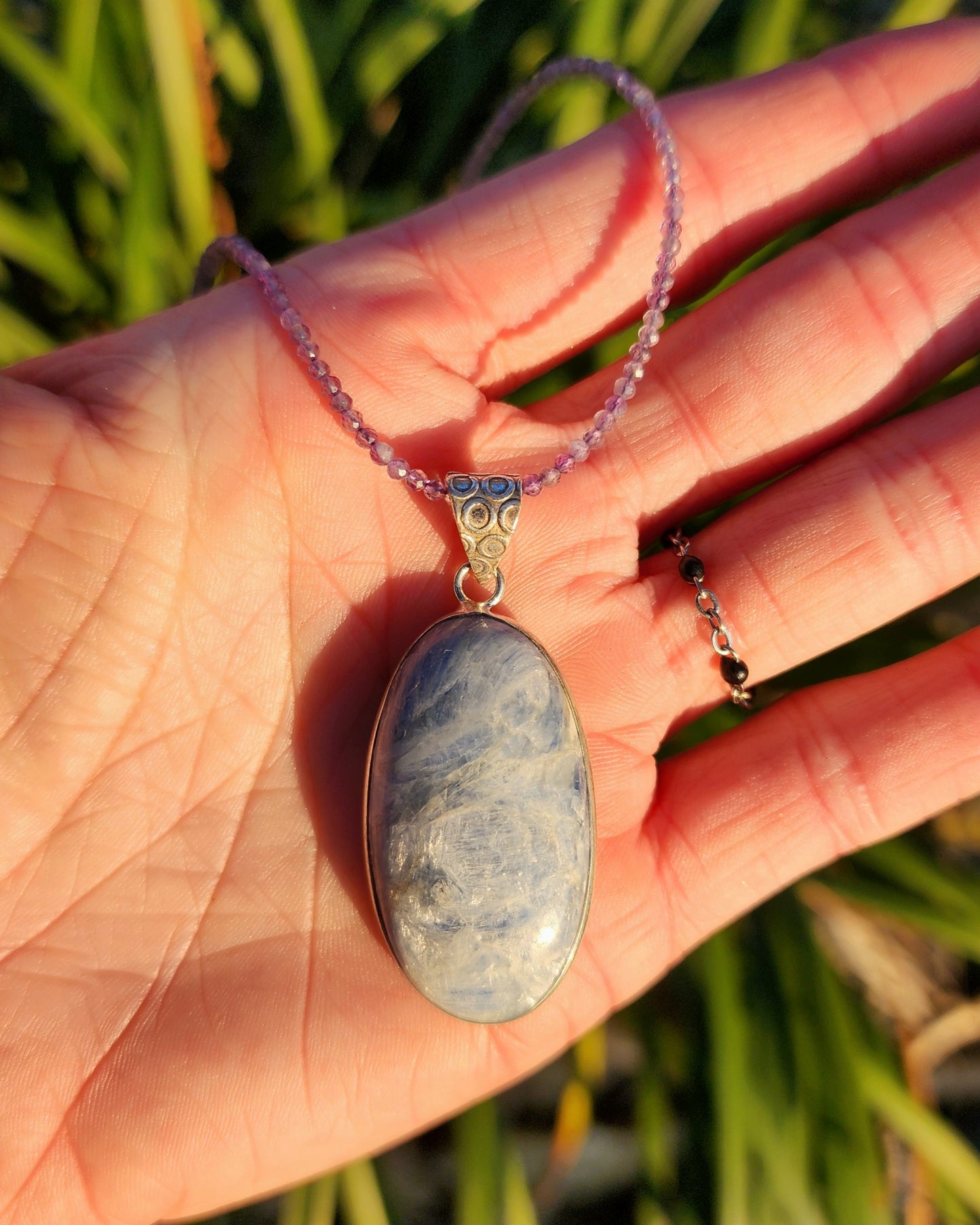 Blue Kyanite Pendant on Amethyst 2mm Beaded Necklace