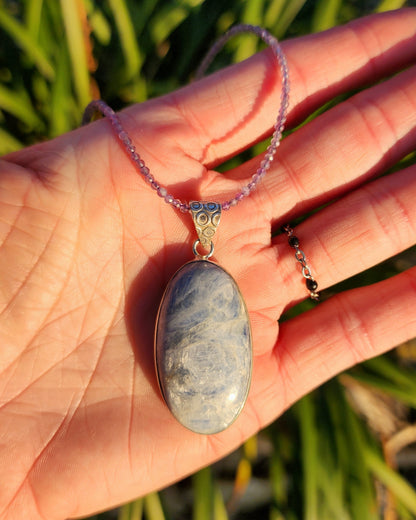 Blue Kyanite Pendant on Amethyst 2mm Beaded Necklace