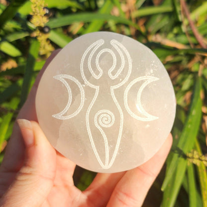 Triple Moon Goddess Satin Spar Selenite Jumbo Palm Stone