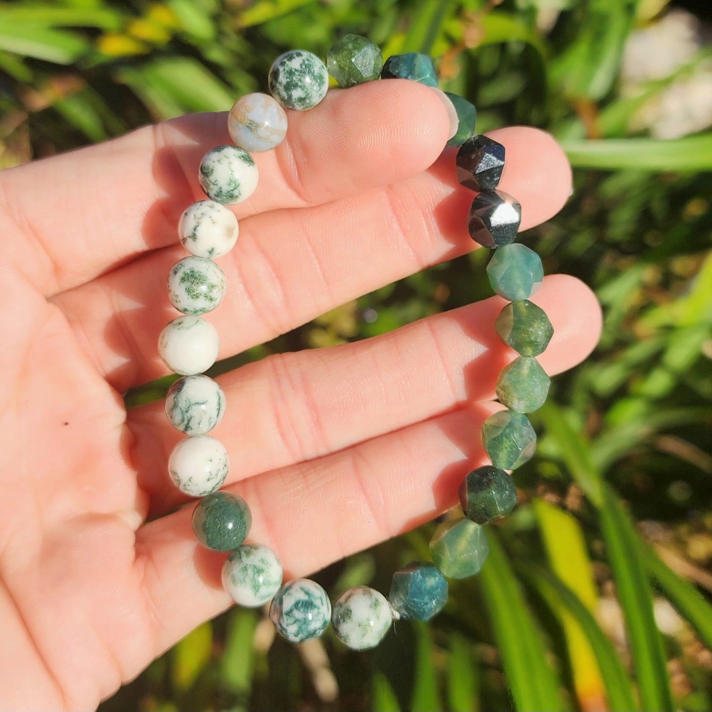 Tree Agate & Faceted Moss Agate Stretchy Bracelet