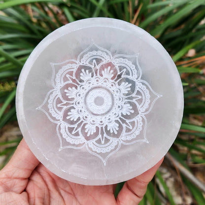 Satin Spar Selenite Lotus Mandala Bowl