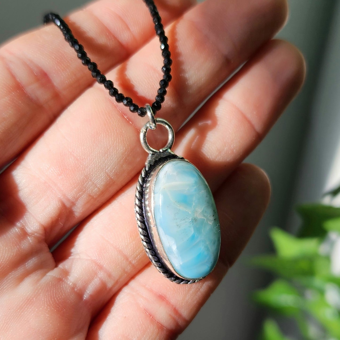 Larimar Pendant on Black Tourmaline 2mm beaded necklace