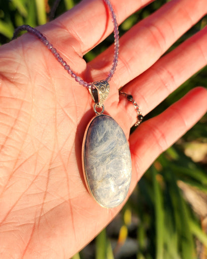 Blue Kyanite Pendant on Amethyst 2mm Beaded Necklace