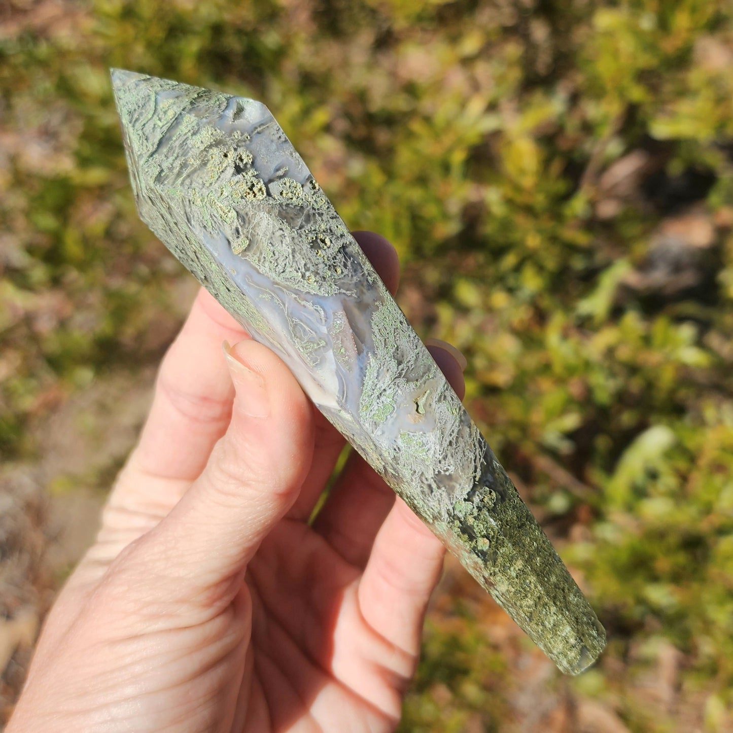 Moss Agate Wand on Stand