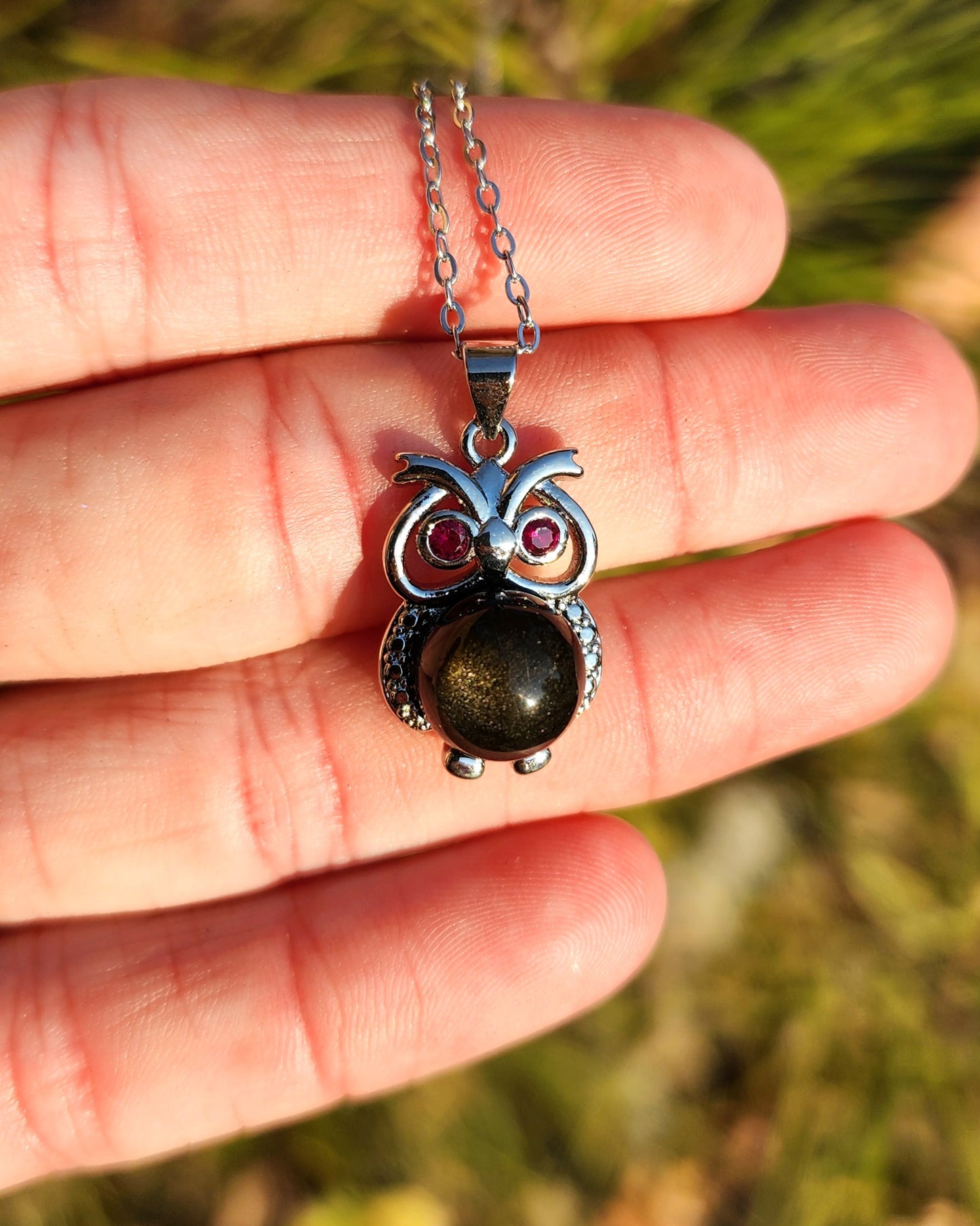 Golden Sheen Obsidian & Garnet Owl Necklace