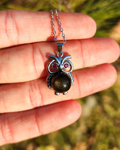 Golden Sheen Obsidian & Garnet Owl Necklace